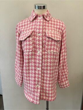 New Look Pink & White Houndstooth Teddy Women’s Shirt Jacket New Size 4